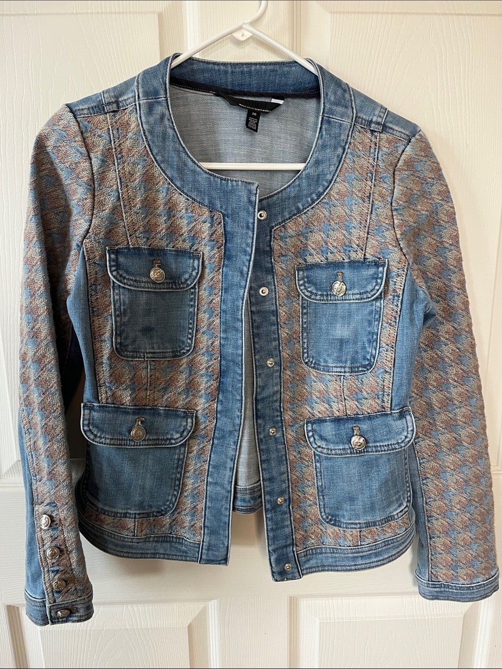 White House Black Market Blue Denim-Trim Houndstooth Jacket